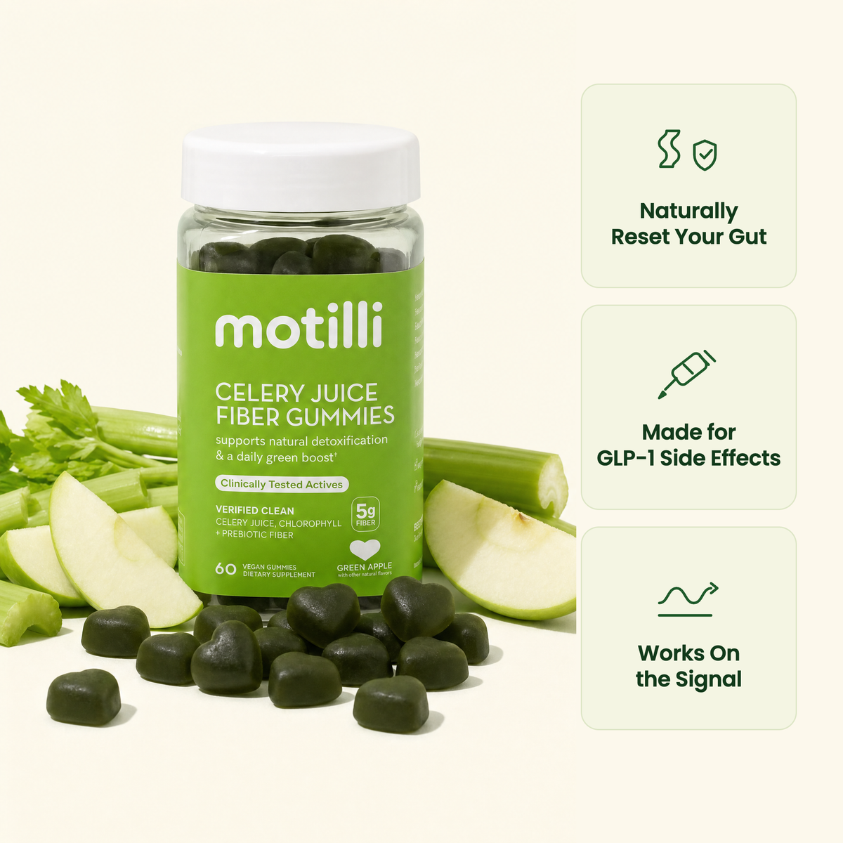 Motilli celery juice gummies with celery and green apple, built for GLP-1 side effects