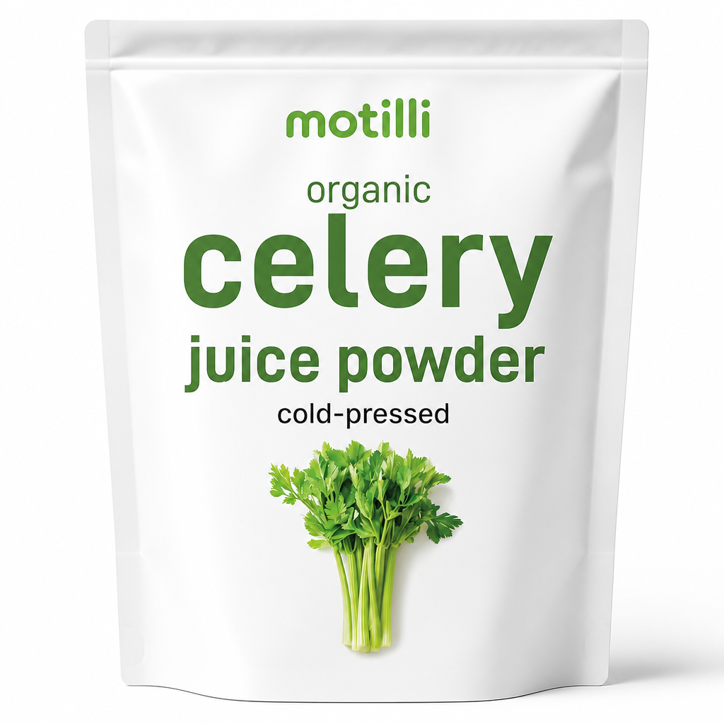 Motilli Organic Celery Juice Powder pouch, cold-pressed
