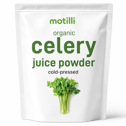 Motilli Organic Celery Juice Powder pouch, cold-pressed
