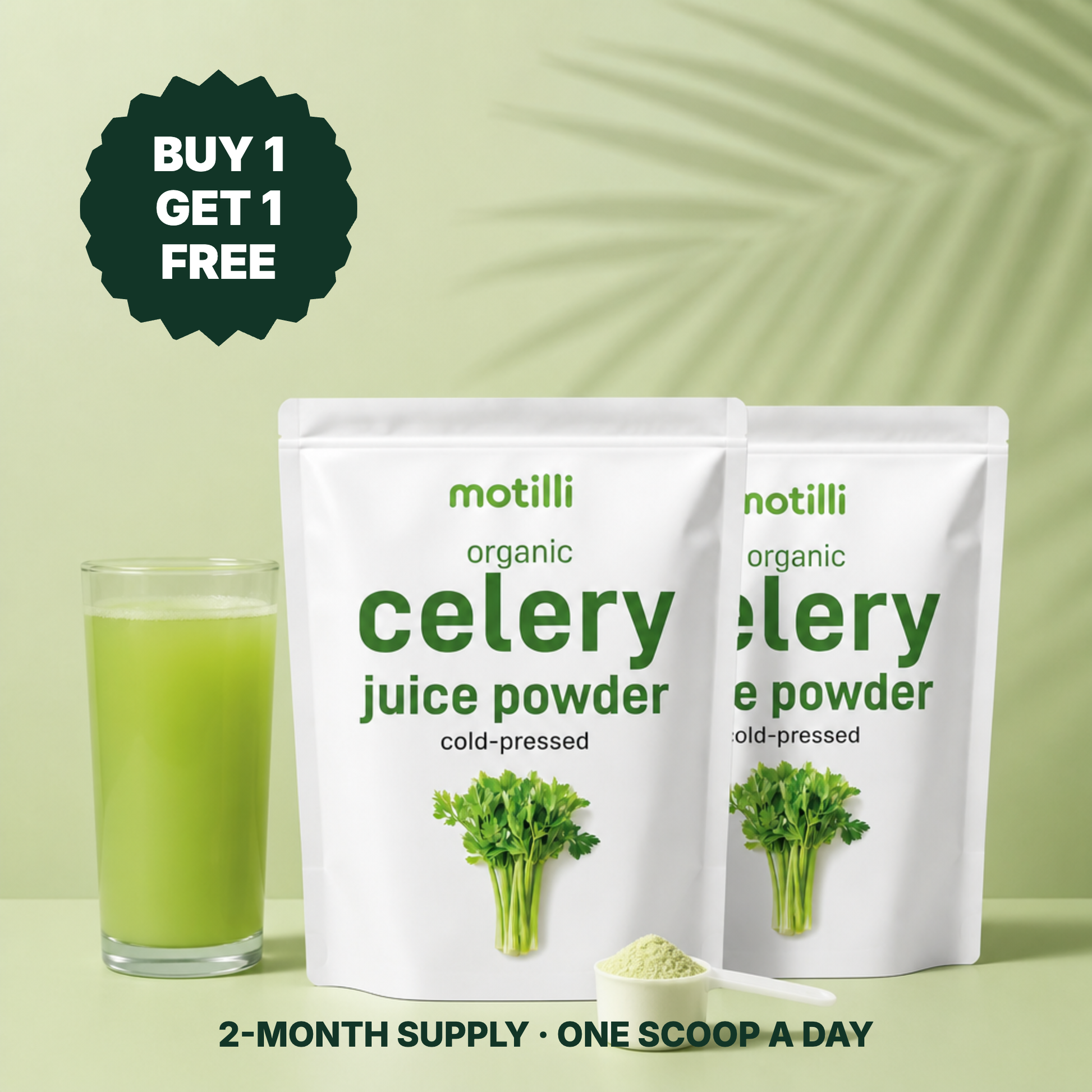 Buy 1 Get 1 Free: two pouches of Motilli Organic Celery Juice Powder