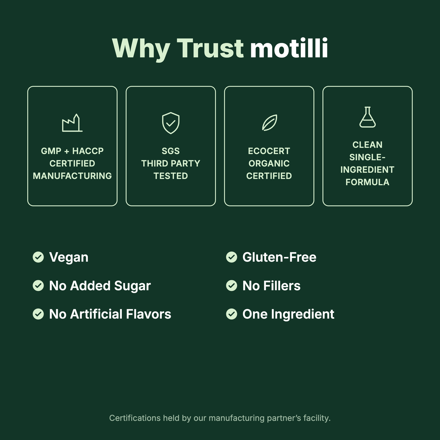 Why trust Motilli: certified manufacturing and single ingredient