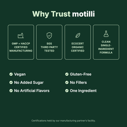 Why trust Motilli: certified manufacturing and single ingredient