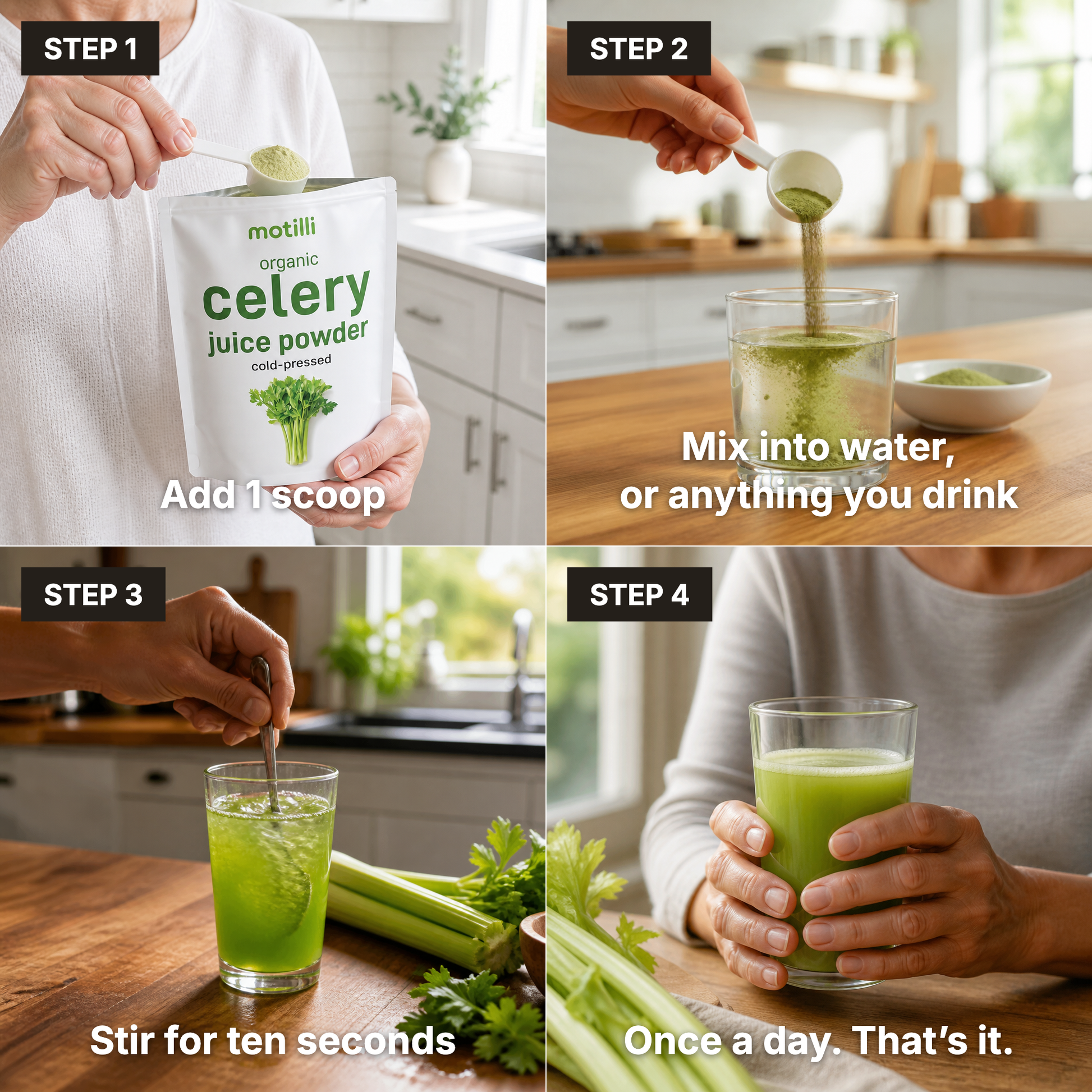 How to use Motilli Celery Juice Powder in four steps