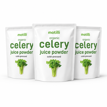 Three pouches of Motilli Organic Celery Juice Powder