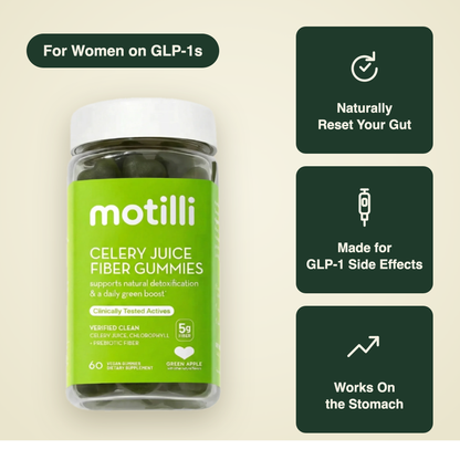 Motilli Celery Juice Fiber Gummies bottle, made for women on GLP-1s