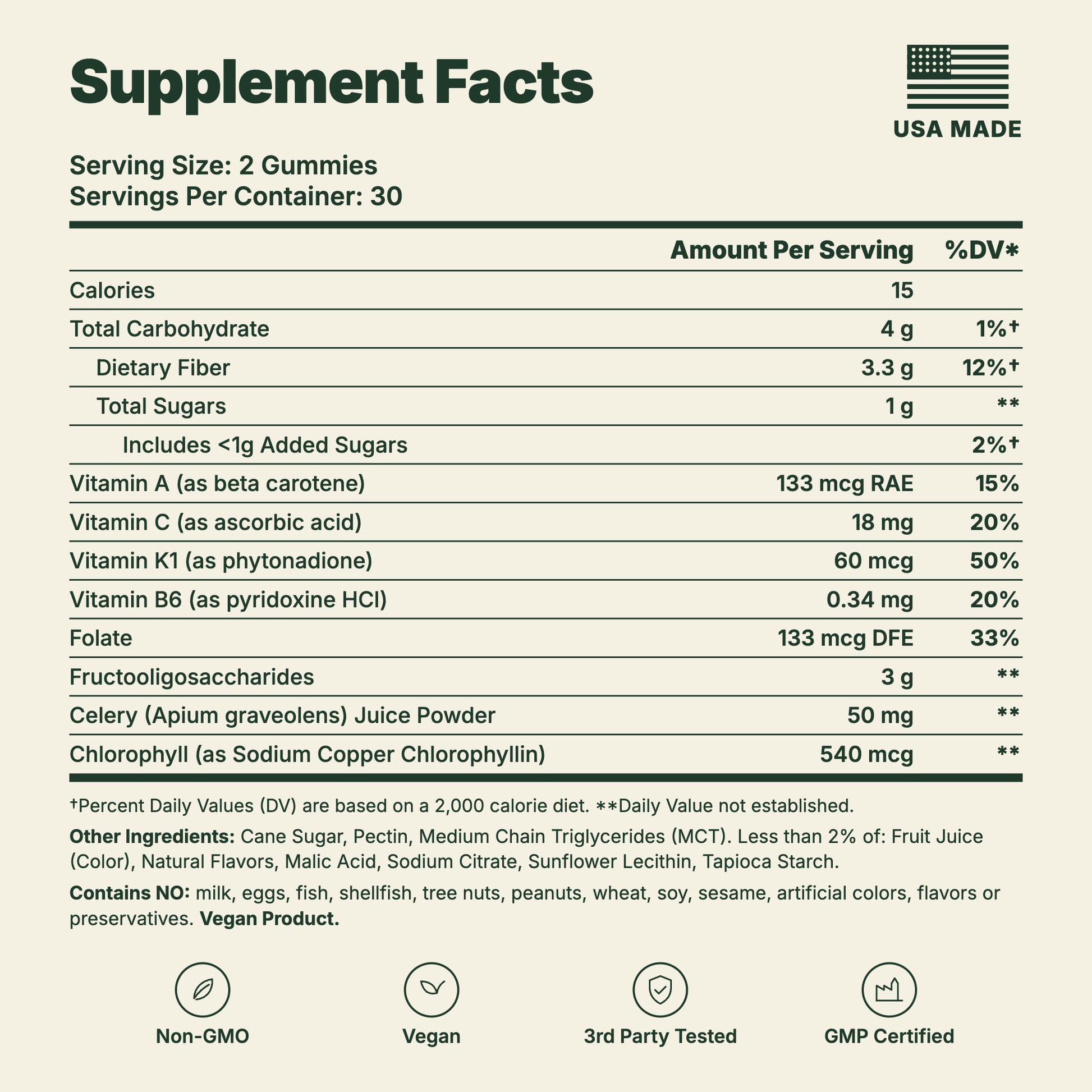 Motilli Supplement Facts panel, per 2-gummy serving