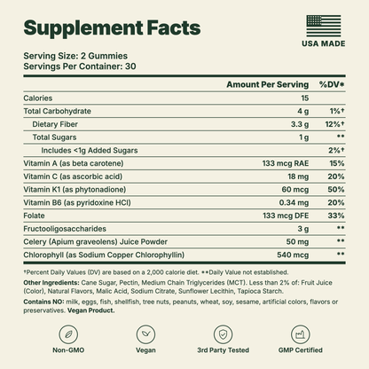 Motilli Supplement Facts panel, per 2-gummy serving