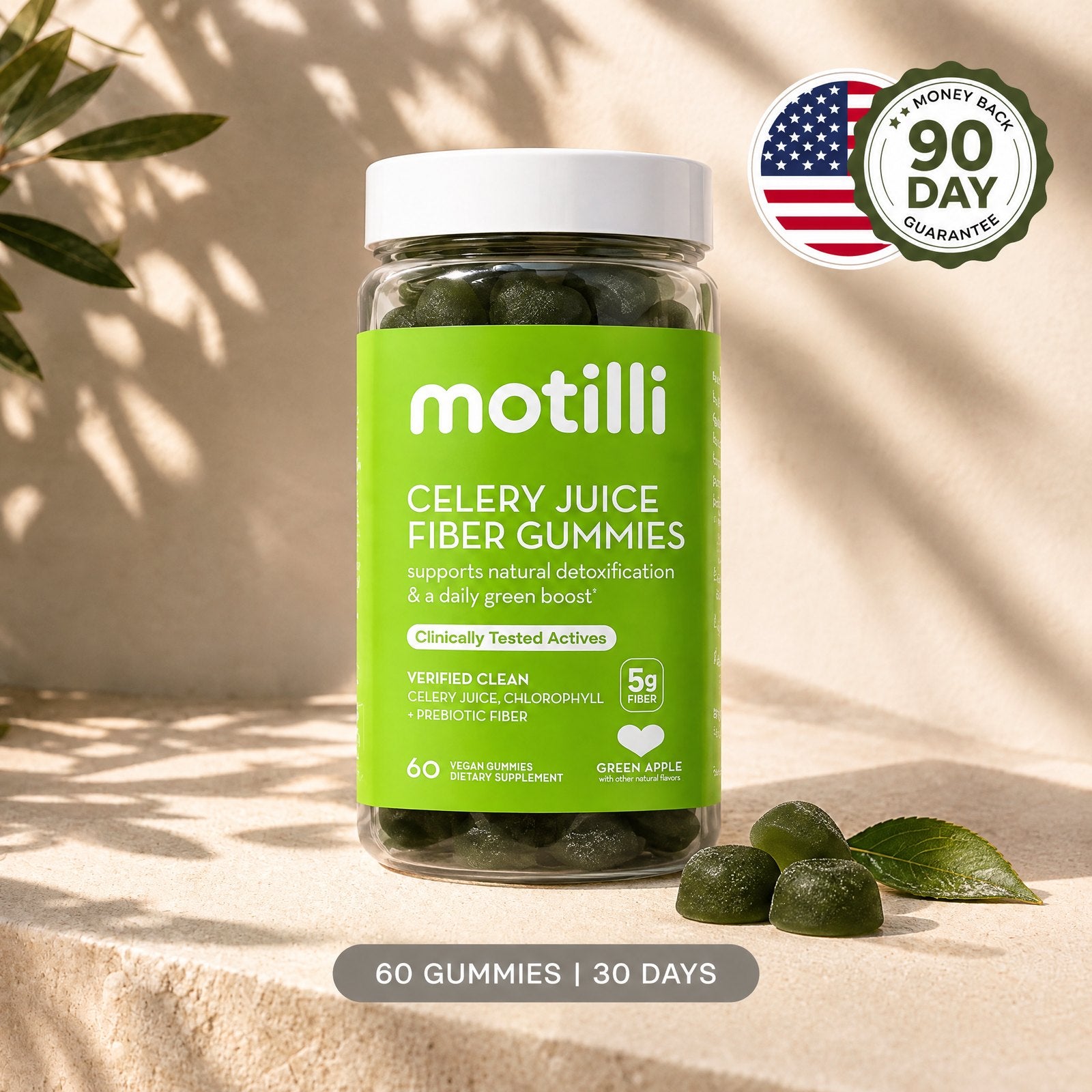 Motilli celery juice gummies bottle with 90 day money back guarantee seal