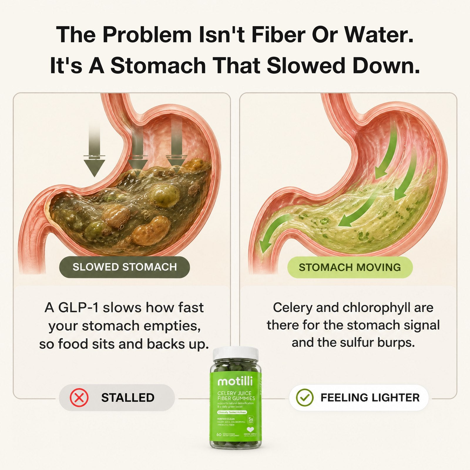 The problem is not fiber or water, it is a stomach that slowed down