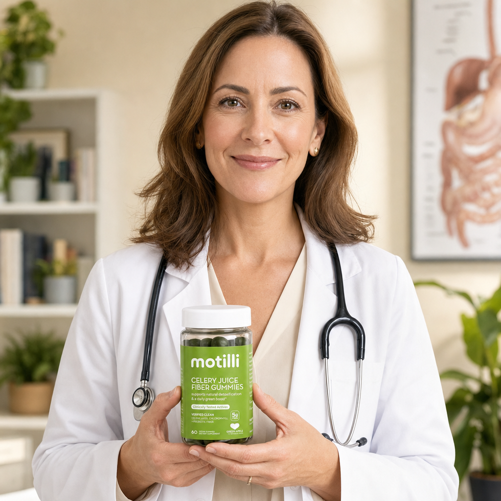 Dr. Rebecca Marsh, gastroenterologist, holding Motilli jar