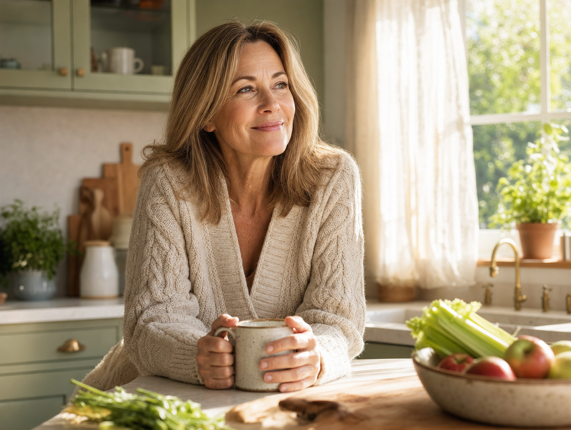 Woman relaxed with coffee by a sunny window