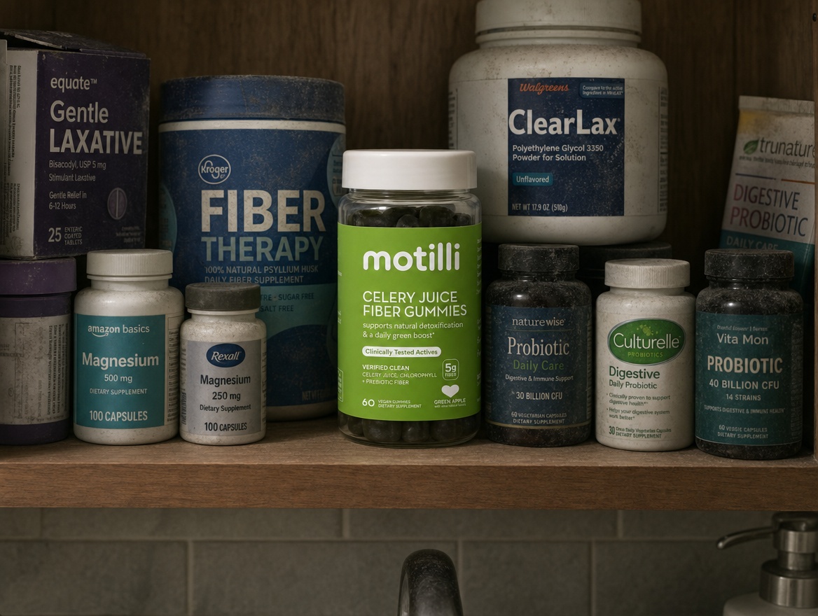 Cabinet of failed laxatives and fiber with a single Motilli jar in front