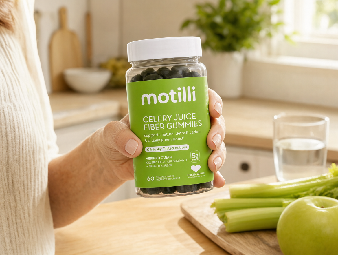 Hand holding a single Motilli jar over a kitchen counter