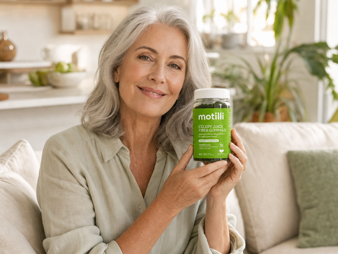 Woman over 50 holding Motilli gummies