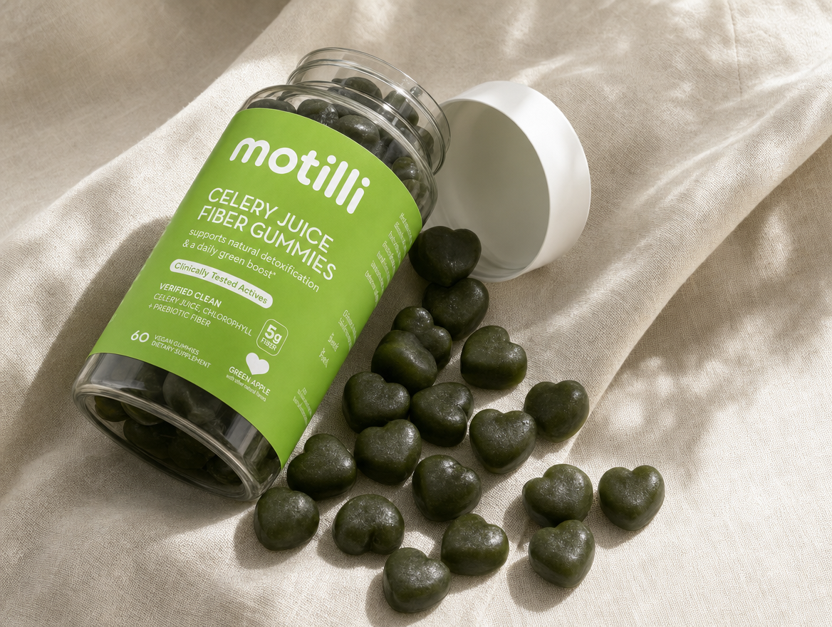 Motilli jar on its side with gummies spilling out